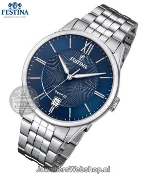 festina stalen herenhorloge F20425/2 blauwe wijzerplaat