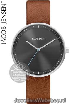 Jacob Jensen 285 strata horloge dames staal met zwarte wijzerplaat en bruine leren band